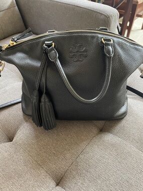 Tory Burch Black Pebbled Leather Tassel Satchel